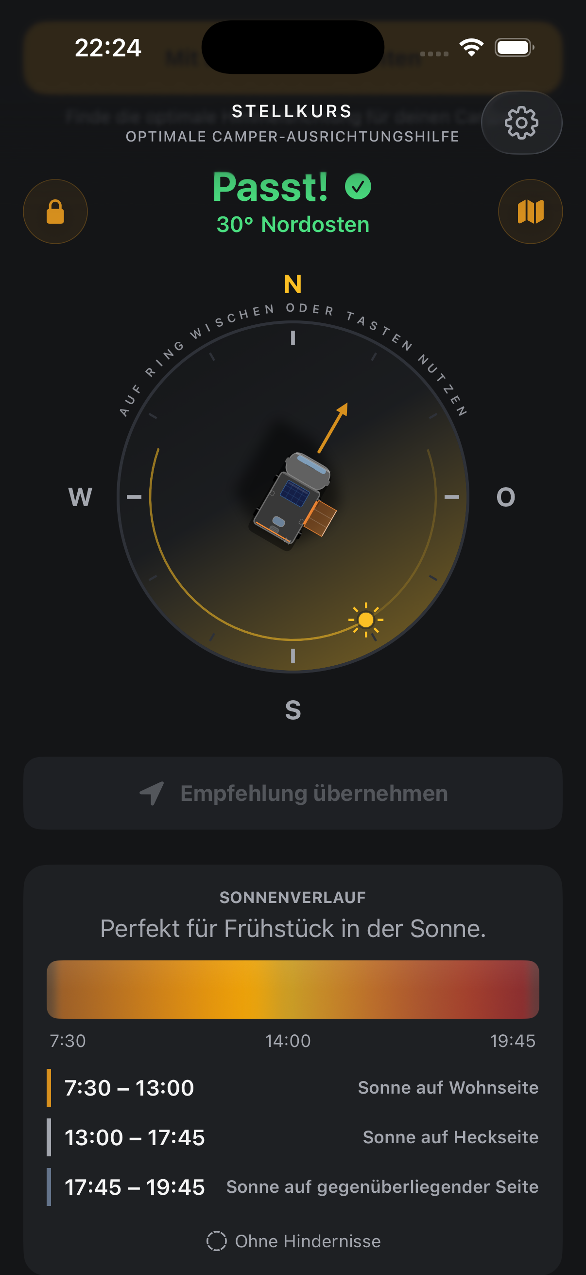 Stellkurs Kompass mit Empfehlung und Sonnenverlauf
