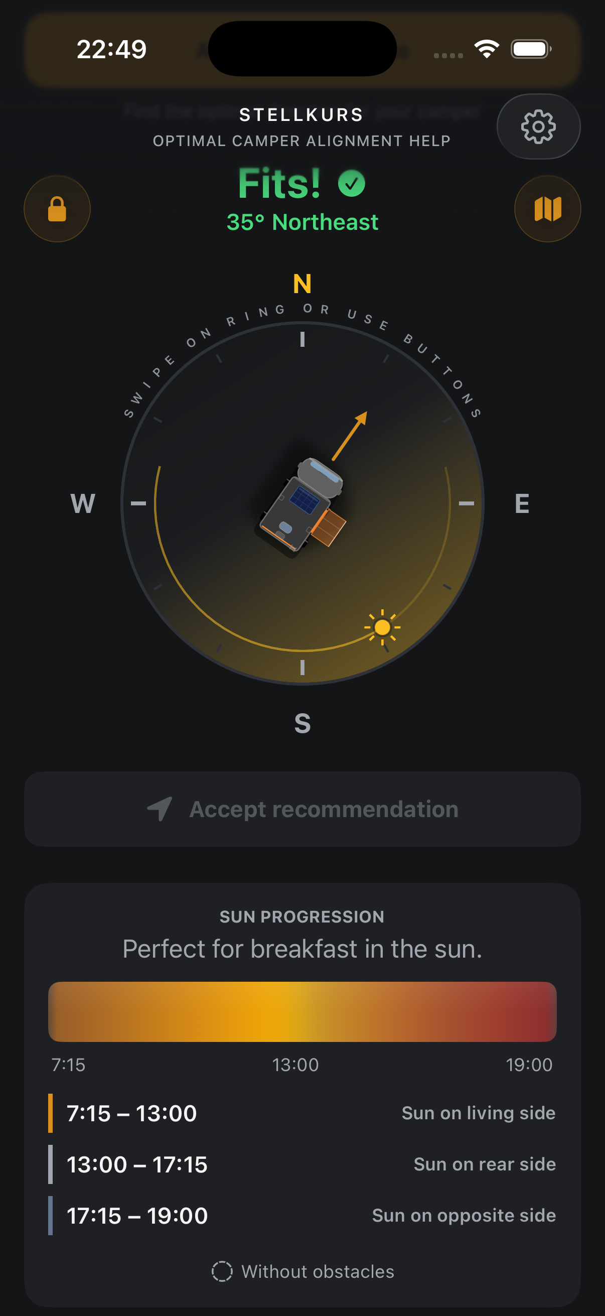 Stellkurs compass with recommendation and sun path
