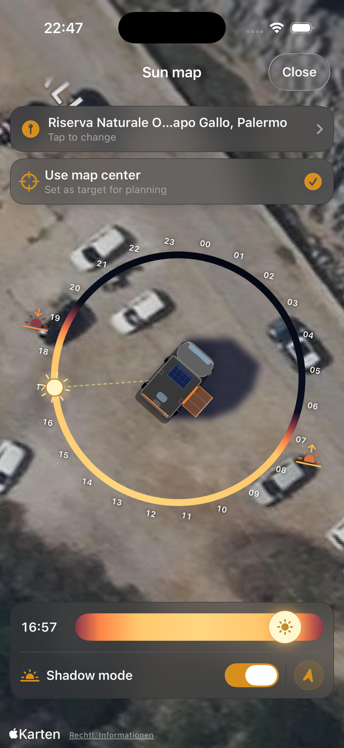Sun map with 3D camper shadow